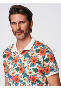 Ombre Clothing - Koszulka polo bawełniana z nadrukiem w kwiaty – biała V1 - Rozmiar: L. Okazja: na co dzień. Typ kołnierza: polo. Kolor: biały. Materiał: bawełna. Wzór: kwiaty, nadruk. Sezon: lato. Styl: elegancki, wakacyjny, casual