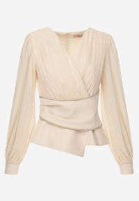 Renee - Beżowa Bluzka VICES w Kopertowym Stylu z Luźnymi Transparentnymi Rękawami i Dekoltem V Inge. Okazja: na co dzień, na komunię. Kolor: beżowy. Materiał: jeans. Styl: casual, elegancki #6