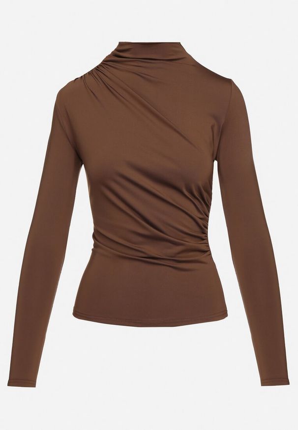 Born2be - Ciemnobrązowa Bluzka z Półgolfem i Marszczeniem Sinsa. Okazja: na co dzień. Kolor: brązowy. Materiał: wiskoza. Styl: casual, klasyczny