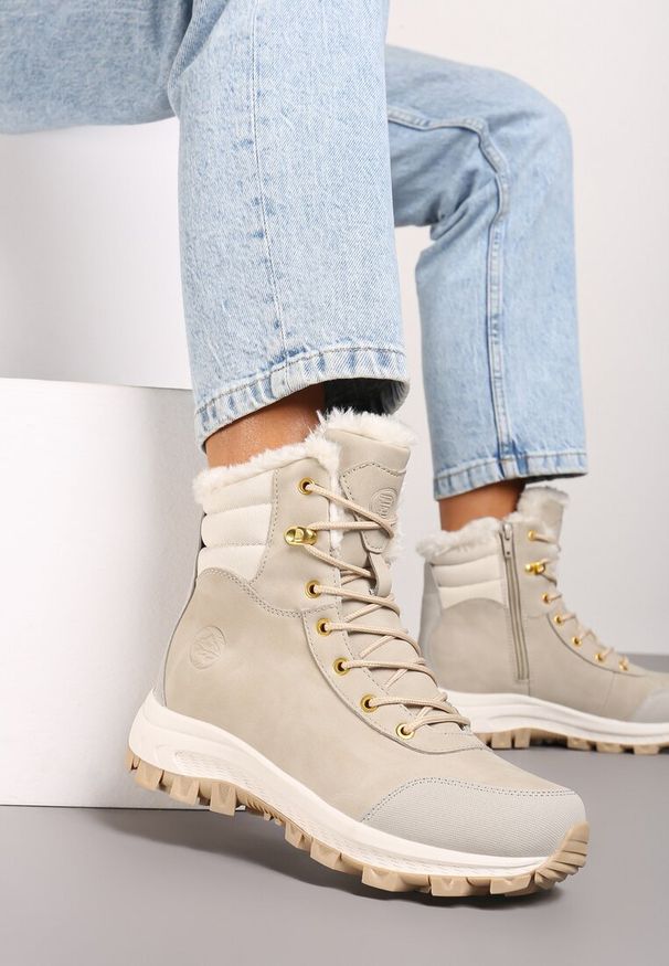 Renee - Beżowe Botki Trekkingowe na Platformie ze Sznurowaniem Labrinna. Zapięcie: sznurówki. Kolor: beżowy. Materiał: jeans. Sezon: zima. Obcas: na platformie. Styl: elegancki