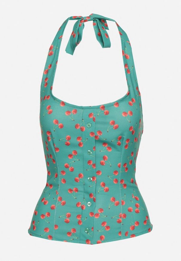 Born2be - Zielona Bluzka z Odkrytymi Plecami i Wiązaniem Zdobiona Guzikami Tolanesse. Okazja: na co dzień. Typ kołnierza: dekolt kwadratowy. Kolor: zielony. Materiał: jeans. Długość rękawa: bez rękawów. Wzór: aplikacja. Styl: klasyczny, casual, elegancki