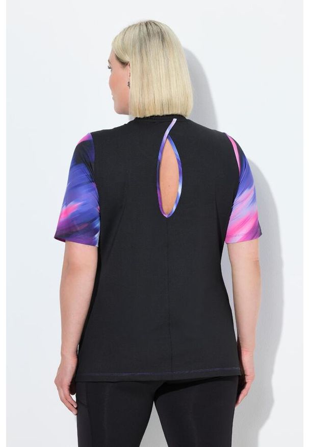 ULLA POPKEN - Damskie T-Shirt wycięcie na plecach okrągły dekolt rękaw 1/2. Kolekcja: plus size. Kolor: niebieski. Materiał: poliester, materiał, elastan