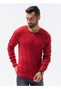 Ombre Clothing - Sweter męski z warkoczowym splotem E195 - czerwony - XXL. Okazja: na co dzień. Kolor: czerwony. Materiał: jeans, bawełna, akryl. Wzór: ze splotem. Styl: casual, klasyczny, elegancki