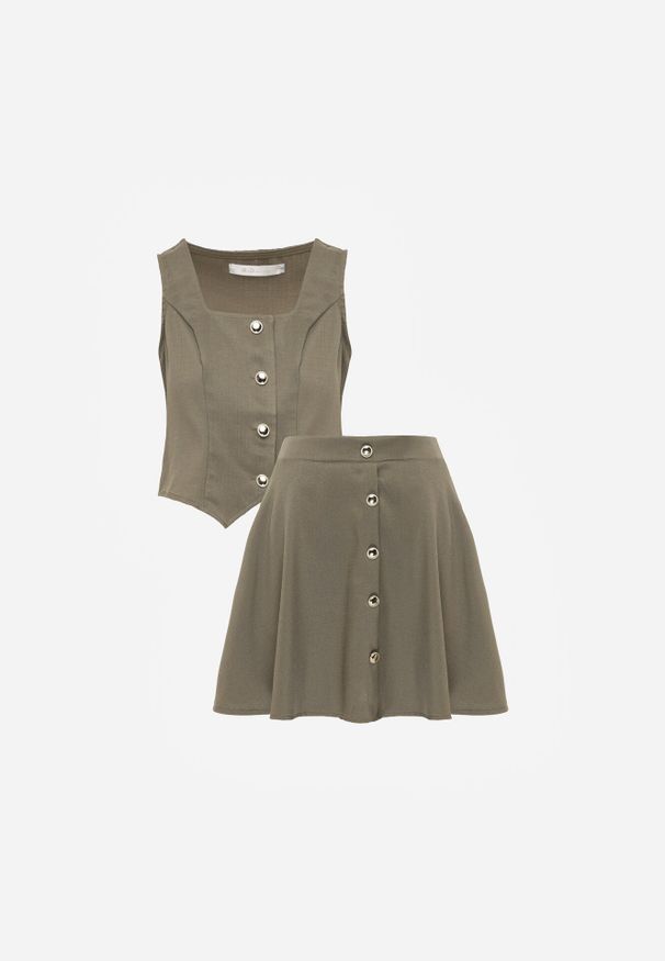 Born2be - Zielony Elegancki Komplet Kamizelka i Rozkloszowana Spódnica z Guzikami Merireida. Kolor: zielony