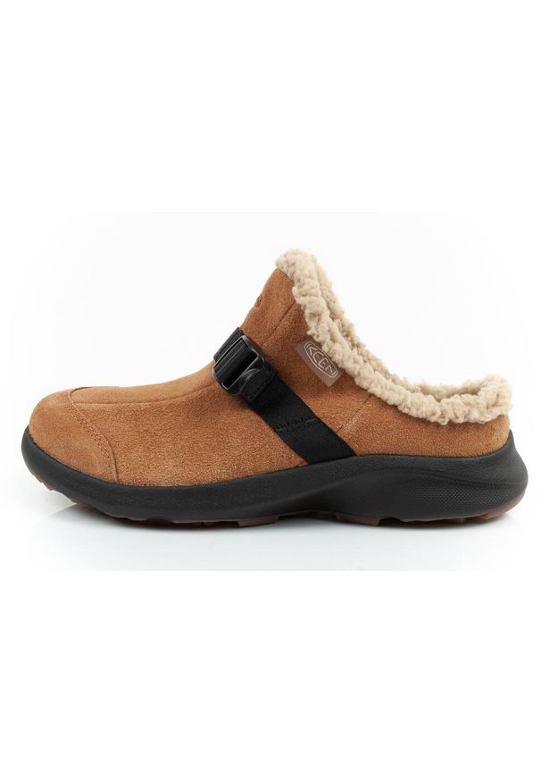 keen - Kapcie z kożuszkiem damskie Keen laczki Hood Clog. Kolor: brązowy. Materiał: zamsz, skóra. Sport: turystyka piesza