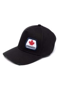 DSQUARED2 - Czarna czapka z asymetrycznym logo. Kolor: czarny. Materiał: bawełna, materiał. Wzór: napisy, haft, aplikacja