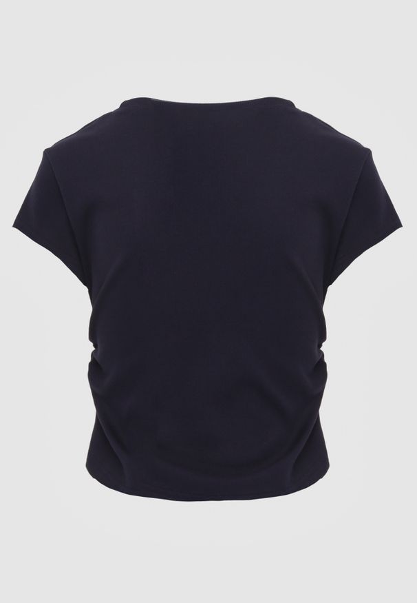 Renee - Granatowy Dopasowany T-shirt z Marszczeniem z Bawełnianej Tkaniny w Prążki Assarena. Okazja: na co dzień. Kolor: niebieski. Materiał: bawełna, tkanina. Wzór: prążki. Styl: elegancki, casual