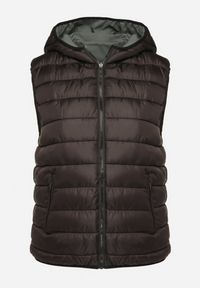 Born2be - Zielona Dwustronna Kamizelka z Kapturem Zdobiona Pikowanymi Przeszyciami Tuliona. Okazja: na spacer. Typ kołnierza: kaptur. Kolekcja: plus size. Kolor: zielony. Materiał: jeans. Wzór: aplikacja. Styl: elegancki
