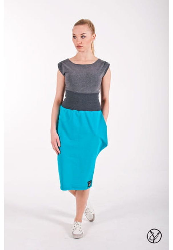 Hultaj Polski - Spódnica z kieszenią turkus midi. Materiał: bawełna, tkanina, elastan, dzianina. Styl: elegancki