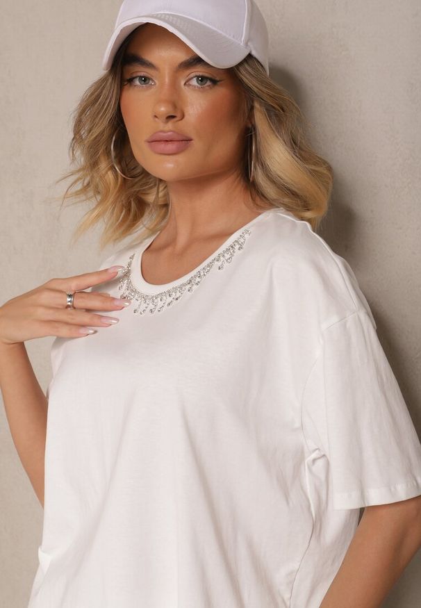 Renee - Biały T-shirt z Bawełny z Cyrkoniami Fadeola. Okazja: na co dzień. Kolor: biały. Materiał: bawełna. Styl: klasyczny, elegancki, casual