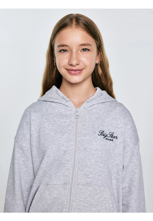Big-Star - Bluza dziewczęca rozpinana z kapturem szara Milana 901. Okazja: na uczelnię, na co dzień. Typ kołnierza: kaptur. Kolor: szary. Materiał: dzianina. Wzór: melanż, haft. Styl: casual, klasyczny