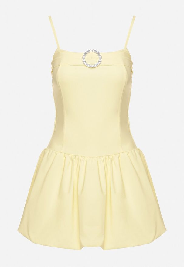 Born2be - Żółta Sukienka Typu Bombka z Cyrkoniową Klamrą z Podszewką Typu Szorty Nessim. Okazja: na imprezę. Kolor: żółty. Długość rękawa: na ramiączkach. Sezon: lato. Typ sukienki: bombki. Styl: elegancki