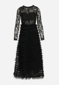 Born2be - Czarna Maxi Sukienka Rozkloszowana z Koronkową Górą i Tiulowymi Falbankami Firina. Typ kołnierza: kołnierz z falbankami. Kolor: czarny. Materiał: tiul, koronka. Długość: maxi #5