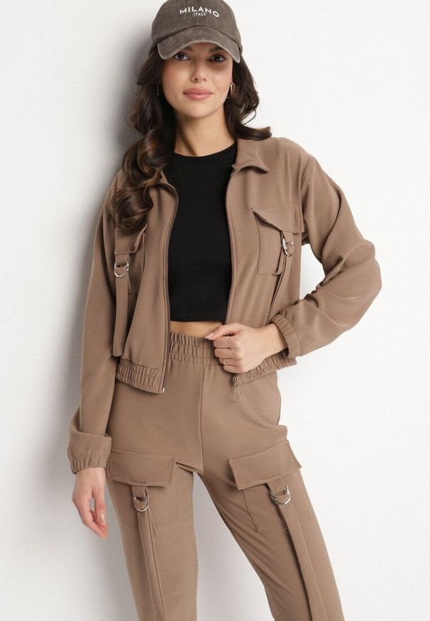 Born2be - Brązowy Komplet Dresowy Bluza Rozpinana i Spodnie Slim w Stylu Utility Telavienna. Kolor: brązowy. Materiał: dresówka
