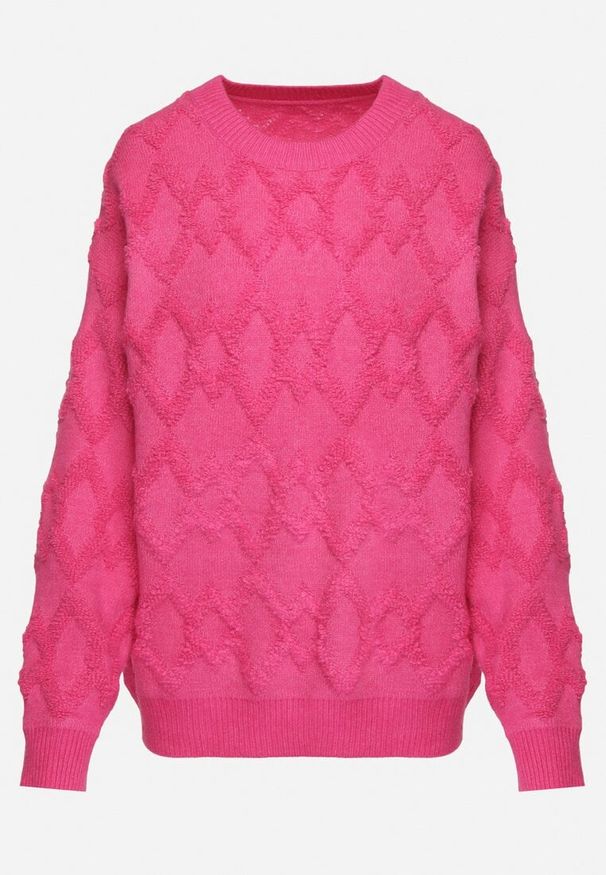 Born2be - Fuksjowy Sweter o Luźnym Kroju i Wzorzystym Splocie ze Ściągaczami Elondrae. Okazja: na co dzień. Kolor: różowy. Materiał: jeans, bawełna. Długość rękawa: długi rękaw. Długość: długie. Wzór: ze splotem. Styl: elegancki, casual