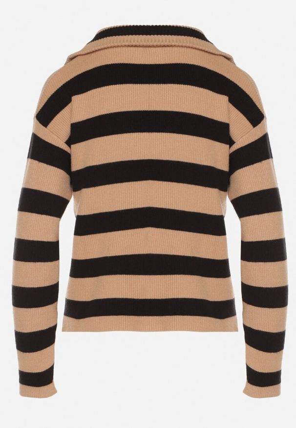 Born2be - Beżowo-Czarny Sweter w Paski Ozdobiony Suwakiem Amerra. Okazja: na co dzień, do pracy, na spotkanie biznesowe. Kolor: beżowy. Materiał: jeans. Wzór: paski, aplikacja. Styl: casual, biznesowy