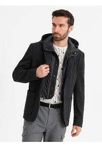 Ombre Clothing - Marynarka męska z podpinką z wysokim kołnierzem i kapturem – czarna V2 OM-BLZB-0133 - XXL. Typ kołnierza: kaptur. Kolor: niebieski. Materiał: dzianina, materiał, syntetyk, poliester. Wzór: aplikacja. Styl: elegancki #6