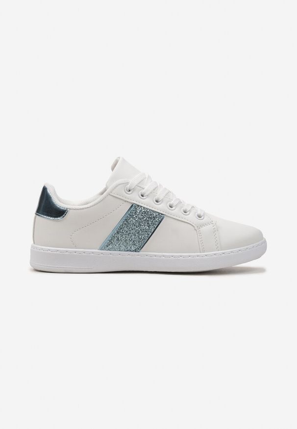 Renee - Biało-Niebieskie Sneakersy Sznurowane Ozdobione Brokatem Vistasta. Nosek buta: okrągły. Zapięcie: sznurówki. Kolor: biały. Materiał: materiał. Wzór: aplikacja. Obcas: na obcasie. Wysokość obcasa: niski