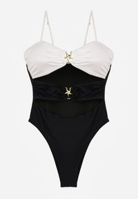 Renee - Biało-Czarny Jednoczęściowy Strój Kąpielowy Na Cienkich Ramiączkach ze Złotymi Ozdobami i Wycięciami Nonanoe. Kolekcja: plus size. Kolor: biały. Materiał: jeans. Wzór: aplikacja #6