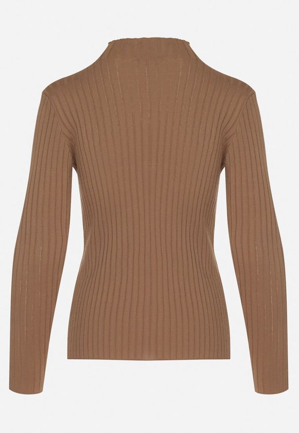 Born2be - Brązowy Sweter z Półgolfem Prążkowany Kikida. Okazja: na co dzień. Kolor: brązowy. Materiał: prążkowany. Długość rękawa: długi rękaw. Długość: długie. Styl: elegancki, casual