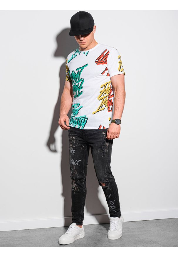 Ombre Clothing - T-shirt męski z nadrukiem S1413 - biały - XXL. Okazja: na co dzień. Kolor: biały. Materiał: jeans, bawełna, poliester. Długość: krótkie. Wzór: nadruk. Styl: casual