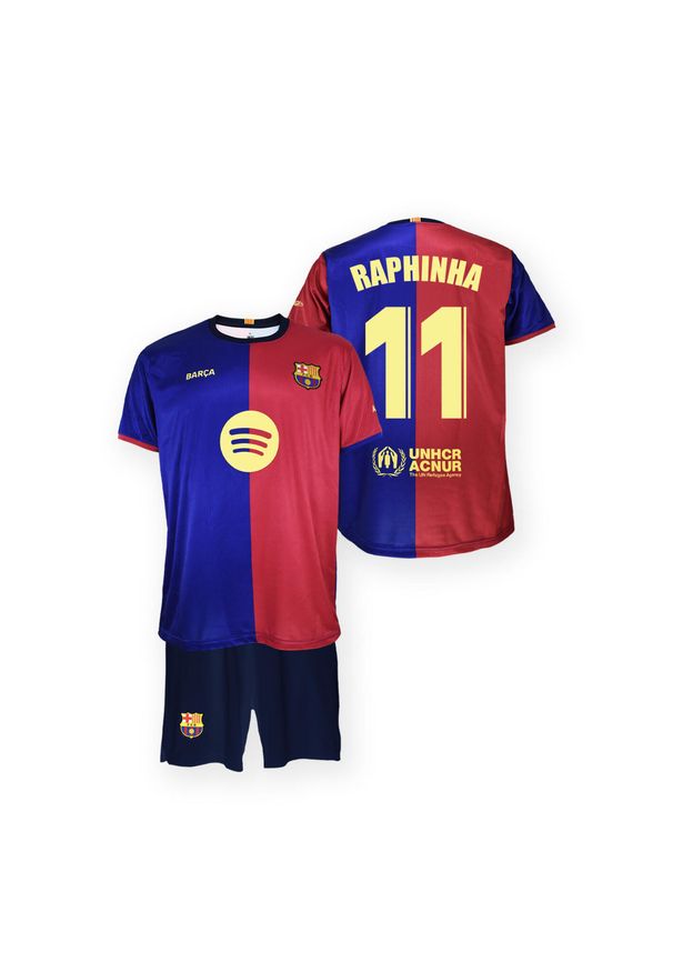 FC Barcelona komplet koszulka spodenki junior Home FCB 2024/25 Raphinha. Kolor: niebieski. Sport: piłka nożna