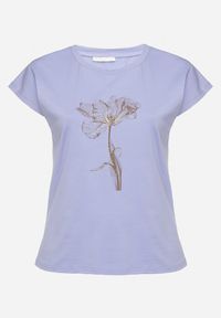 Born2be - Niebieski Bawełniany T-shirt z Kwiatowym Wzorem i Cyrkoniami Rohna. Okazja: na co dzień. Kolor: niebieski. Materiał: bawełna. Wzór: kwiaty. Sezon: lato, wiosna. Styl: klasyczny, casual #7