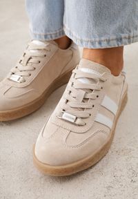 Born2be - Beżowe Sneakersy ze Skóry Naturalnej w Stylu Tenisówek z Paskami Arethephila. Zapięcie: pasek. Kolor: beżowy. Materiał: skóra #4