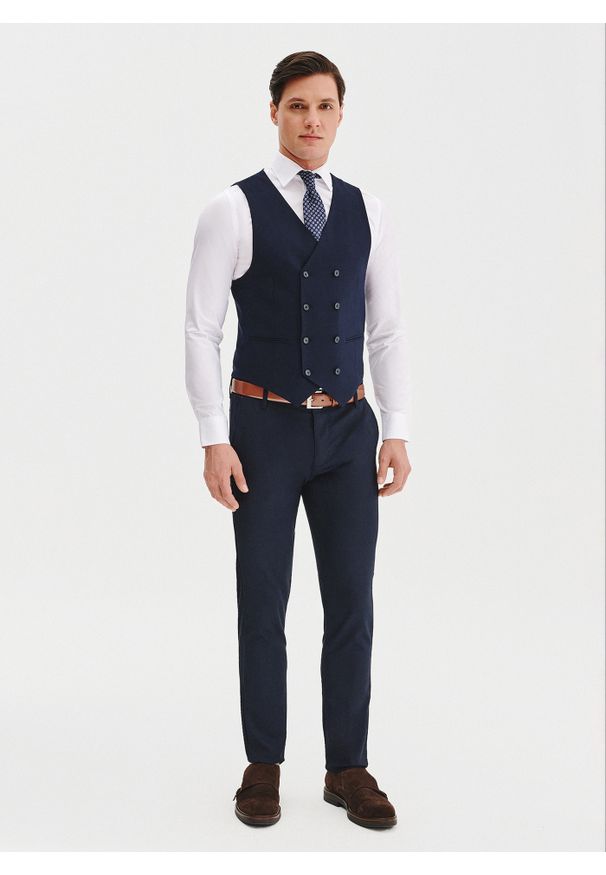 Pako Lorente - PAKO LORENTE –Granatowa dwurzędowa kamizelka męska. Kolor: niebieski, czarny. Materiał: poliester, elastan, wiskoza. Styl: elegancki, młodzieżowy
