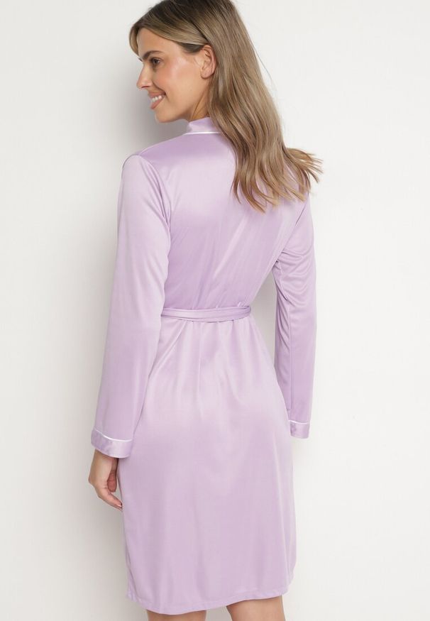 Born2be - Fioletowy Szlafrok z Bawełną Wiązany w Pasie z Wsuwanymi Kieszeniami Kikilea. Kolor: fioletowy. Materiał: bawełna