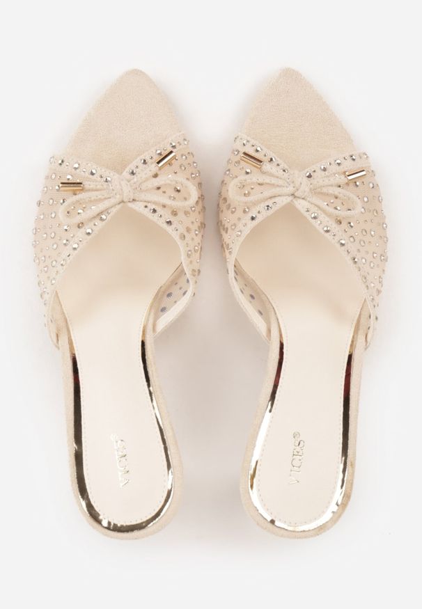 Renee - Beżowe Siateczkowe Klapki VICES na Szpilce Ozdobione Cyrkoniami i Kokardką Donne. Kolor: beżowy. Materiał: satyna. Wzór: aplikacja. Obcas: na szpilce. Styl: glamour, elegancki