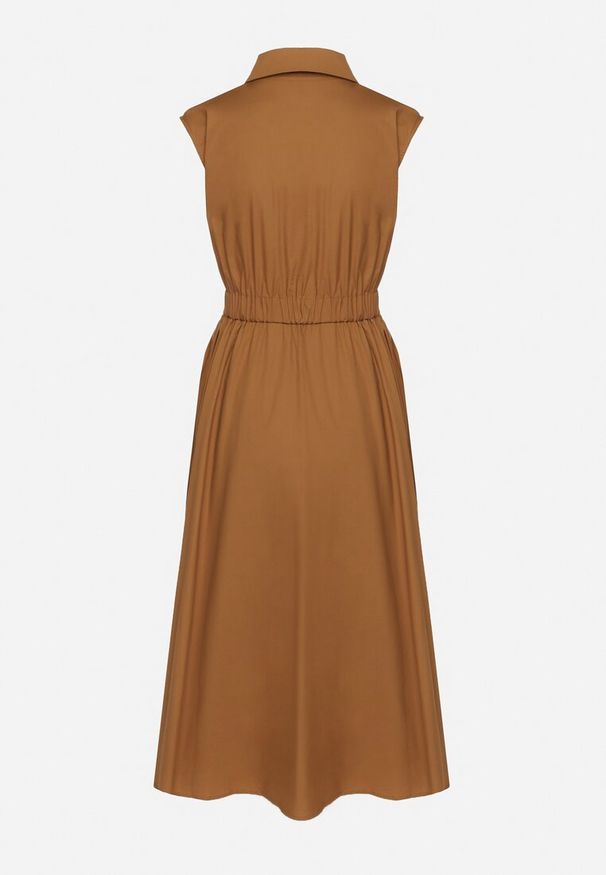 Born2be - Brązowa Bawełniana Koszulowa Sukienka z Ozdobnymi Kieszonkami Savarette. Okazja: na co dzień. Kolor: brązowy. Materiał: bawełna. Typ sukienki: koszulowe. Styl: elegancki, casual, klasyczny