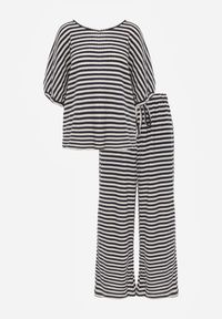 Born2be - Beżowo-Granatowy Dzianinowy Komplet z Bawełny T-shirt i Szerokie Spodnie o Luźnym Fasonie w Paski Nemoress. Kolor: beżowy. Materiał: bawełna, dzianina. Wzór: paski #5