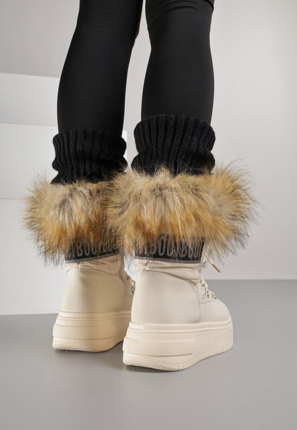 Born2be - Beżowe Śniegowce na Platformie z Futerkiem i Wiązaniem Eudaim. Okazja: na co dzień, na spacer. Kolor: beżowy. Materiał: futro. Sezon: zima. Obcas: na platformie. Styl: casual