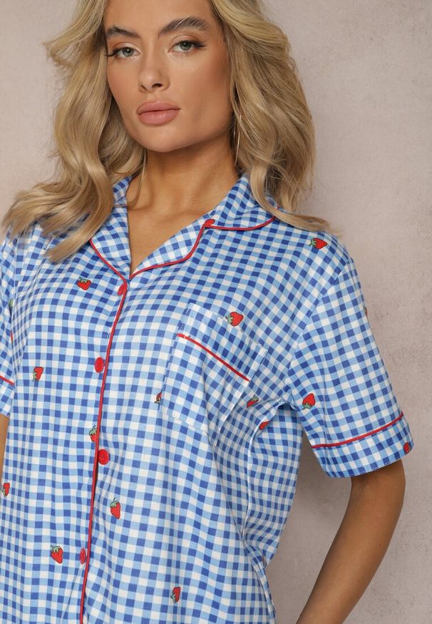 Renee - Niebiesko-Biały Komplet Piżamowy Koszula na Guziki i Szorty o Luźnym Fasonie w Kratę Anseli. Kolor: niebieski. Wzór: kratka