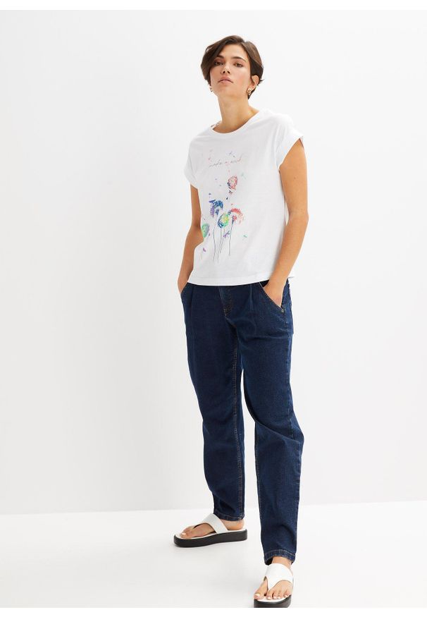 bonprix - Shirt w dmuchawce. Kolor: biały. Wzór: kolorowy, nadruk, aplikacja. Sezon: lato