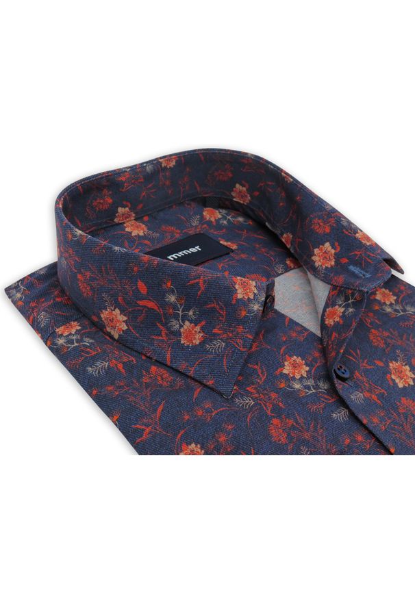Mmer / Villaro - Koszule męskie - Granatowa koszula męska w pomarańczowe kwiatki F056. Kolor: wielokolorowy, niebieski, pomarańczowy. Materiał: bawełna, elastan, tkanina. Długość: długie. Wzór: kwiaty