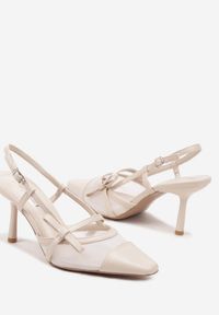Renee - Beżowe Czółenka na Szpilce Typu Slingback z Siateczkową Cholewką Asdexia. Okazja: na spacer, na co dzień. Nosek buta: szpiczasty. Zapięcie: sprzączka. Kolor: beżowy. Materiał: jeans. Szerokość cholewki: normalna. Obcas: na szpilce. Styl: casual, elegancki #2