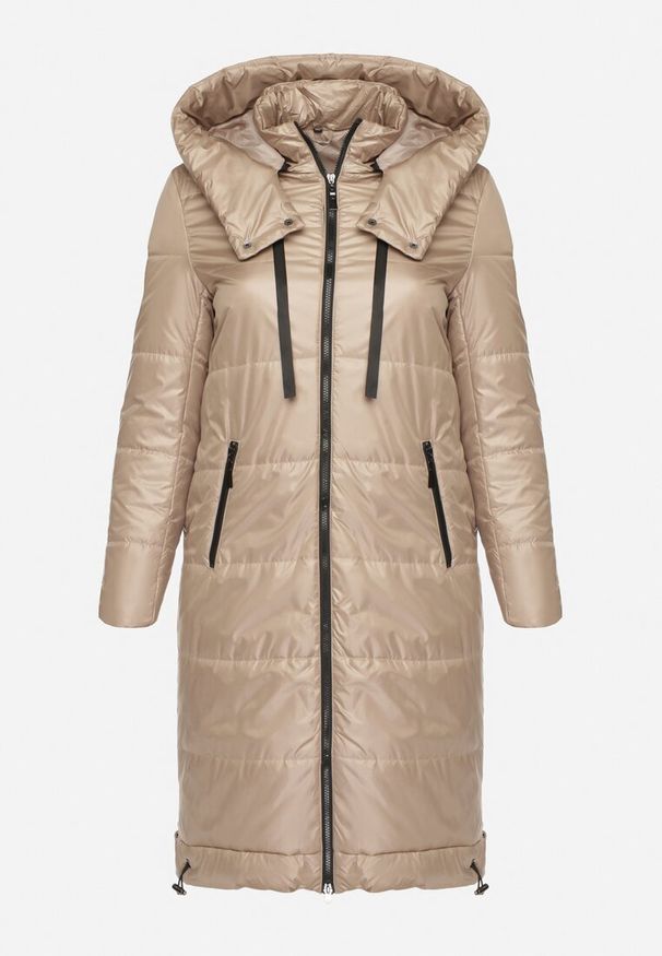 Born2be - Beżowa Przejściowa Kurtka Pikowana z Kapturem i Suwakami po Bokach Fesunela. Okazja: na co dzień. Typ kołnierza: kaptur. Kolekcja: plus size. Kolor: beżowy. Materiał: jeans. Sezon: jesień. Styl: casual, klasyczny