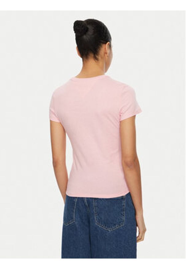 Tommy Jeans T-Shirt Linear DW0DW18398 Różowy Slim Fit. Kolor: różowy. Materiał: bawełna