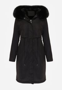Born2be - Czarna Kurtka za Kolano ze Ściągaczem i Kapturem z Futerkiem Adoresa. Okazja: na co dzień. Kolor: czarny. Materiał: futro. Styl: casual #6