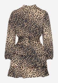 Born2be - CIemnobeżowa Rozkloszowana Sukienka w Panterkę Zwężana w Talii z Falbanami Liliwia. Okazja: na co dzień. Kolor: beżowy. Długość rękawa: długi rękaw. Wzór: motyw zwierzęcy. Styl: casual, klasyczny #7