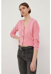 Tommy Jeans kardigan lniany damski kolor różowy lekki. Okazja: na co dzień. Kolor: różowy. Materiał: len. Styl: casual
