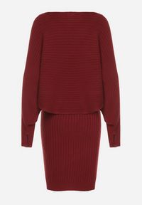 Born2be - Bordowy Dzianinowy Komplet Prążkowany Sukienka i Sweter o Kroju Nietoperz Wederela. Kolor: czerwony. Materiał: dzianina, prążkowany #4