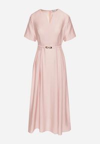 Born2be - Różowa Wiskozowa Sukienka z Lnem o Rozkloszowanym Kroju z Paskiem z Klamerką Linalin. Okazja: na co dzień. Typ kołnierza: dekolt w serek. Kolor: różowy. Materiał: len, wiskoza. Długość rękawa: krótki rękaw. Styl: klasyczny, casual, elegancki #5