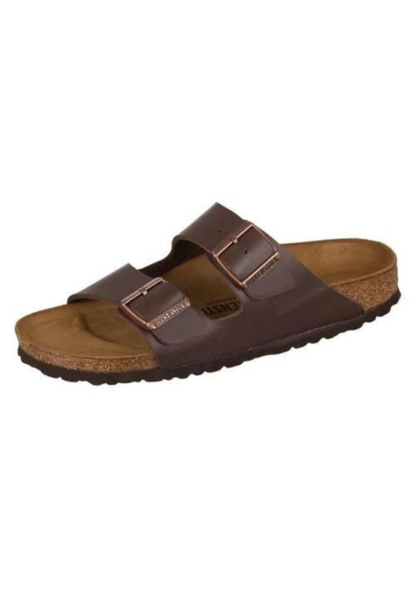 Klapki damskie Birkenstock Arizona Dunkelbraun Birkoflor. Kolor: brązowy. Materiał: syntetyk, materiał. Styl: sportowy