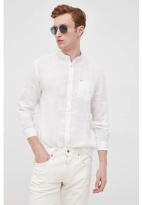 Pepe Jeans koszula lniana PATWIN męska kolor biały regular ze stójką. Typ kołnierza: kołnierzyk stójkowy. Kolor: biały. Materiał: len #3