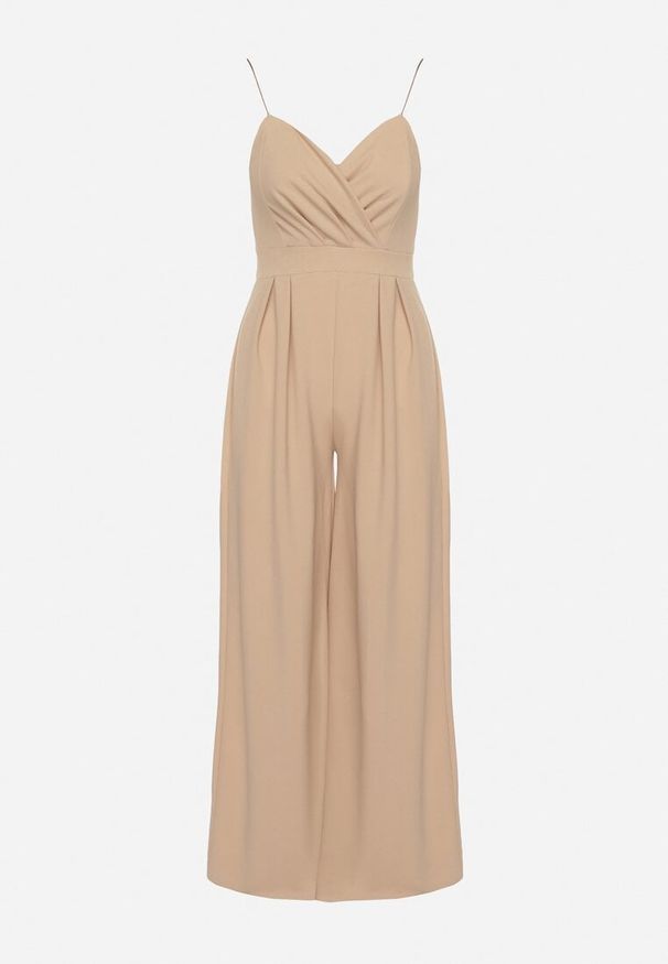 Born2be - Ciemnobeżowy Kombinezon z Trójkątnym Dekoltem na Cienkich Ramiączkach Iliantia. Kolor: beżowy. Materiał: tkanina. Długość rękawa: na ramiączkach. Sezon: lato