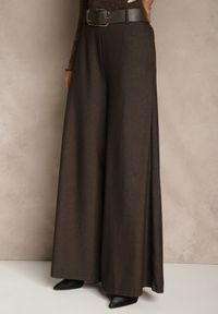 Renee - Brązowe Szerokie Garniturowe Spodnie z Bawełny High Waist Ozdobione Paskiem Tusneva. Okazja: na co dzień. Stan: podwyższony. Kolor: brązowy. Materiał: bawełna. Wzór: aplikacja. Styl: wizytowy, casual, elegancki #5