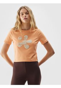 4f - T-shirt z bawełny organicznej damski. Kolor: pomarańczowy. Materiał: bawełna. Wzór: nadruk